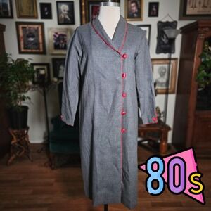 Vintage 80s Grey Robe Red Trim Button Front Long Sleeve Duster